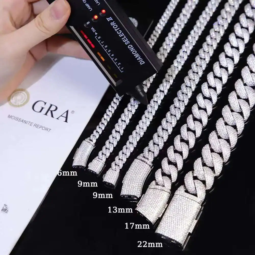 Full Ice Out Mossanite Cuban Chain 6mm 9mm 13mm 2rows 925 Sterling Silver Chain Hip Hop Necklace VVS Moissanite Cuban Link Chain - Uknowucme