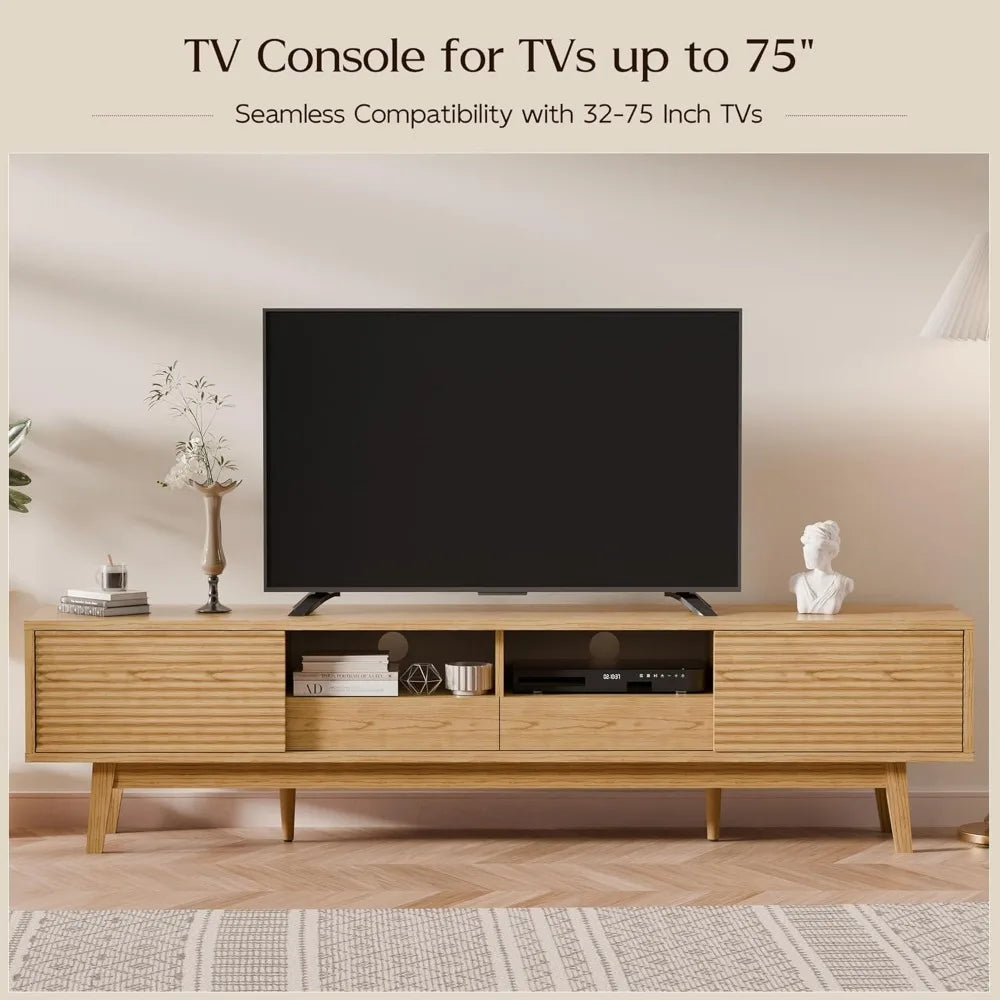 70" TV Console, Mid Century Modern Media Console for 55/65/75 Inch TV, Low Profile TV Stand with Fluted Sliding Doors, Boho Ligh