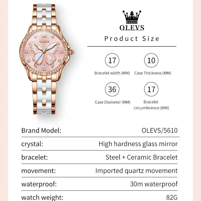 OLEVS 5610 Women's Watches Diamond Butterfly Design Dial Ceramic Strap Waterproof New Fashion Young Girl's Watches Set Gift