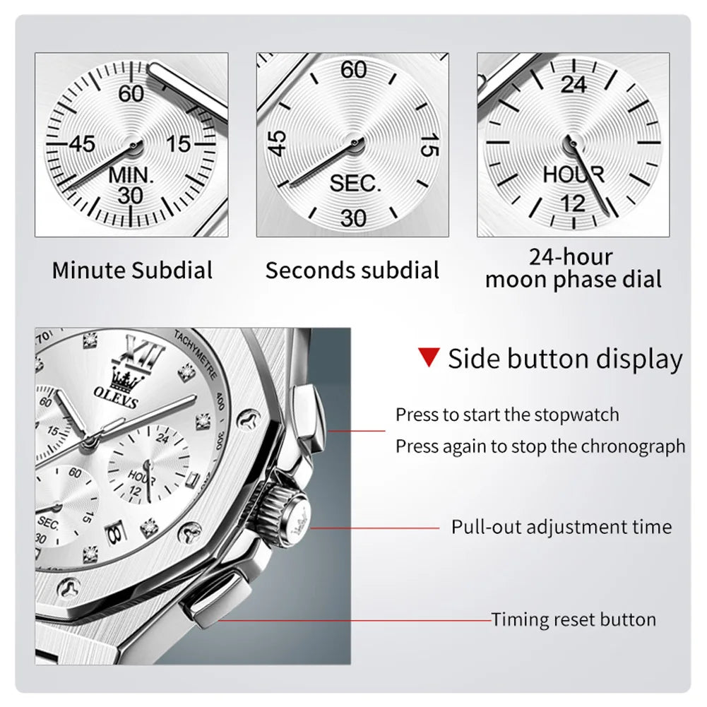 OLEVS Top Brand Men's Watches Stainless Steel Tough Guy Original Quartz Watch for Man Waterproof Luminous Date Chronograph Reloj - Uknowucme