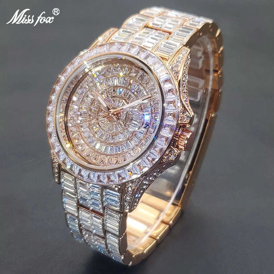 MISSFOX Hip Hop Men Watch Luxury Ice Out Fully Diamond Rose Gold Watches Fashion Stainless Steel Waterproof Male Clock Gift 2022