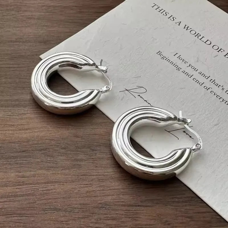 925 Sterling Silver Vintage Earrings For Women Trendy Simple Round Strip Earring Jewelry Prevent Allergy Party Accessories Gift - Uknowucme