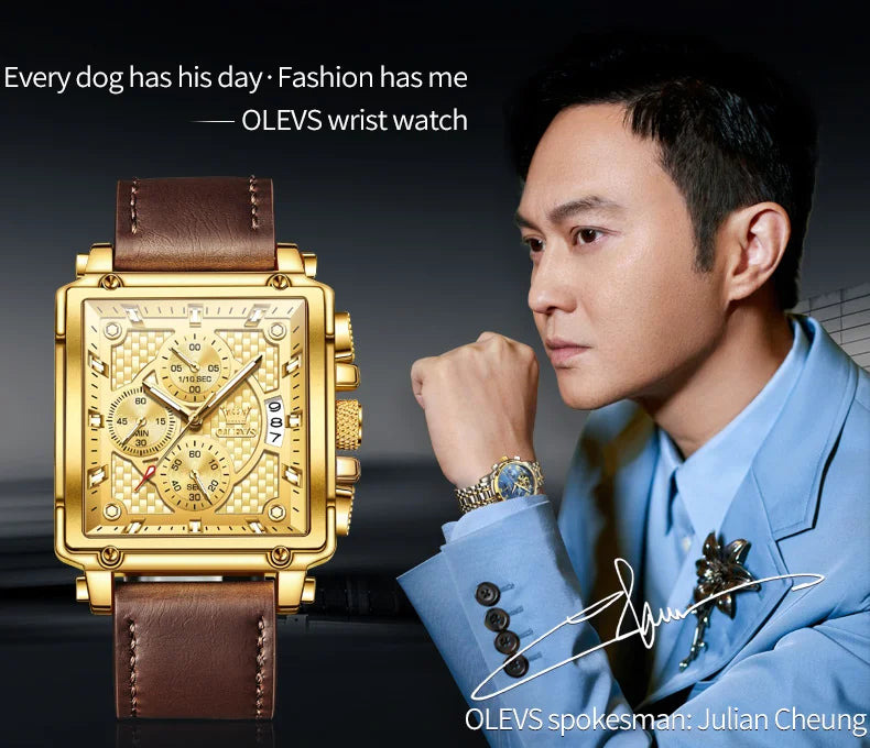 OLEVS Brand 9925 Men's Watches Gold Square Dial Quartz Male Watch Original Leather Strap Fashion Watch 30m Waterproof Top Ten - Uknowucme