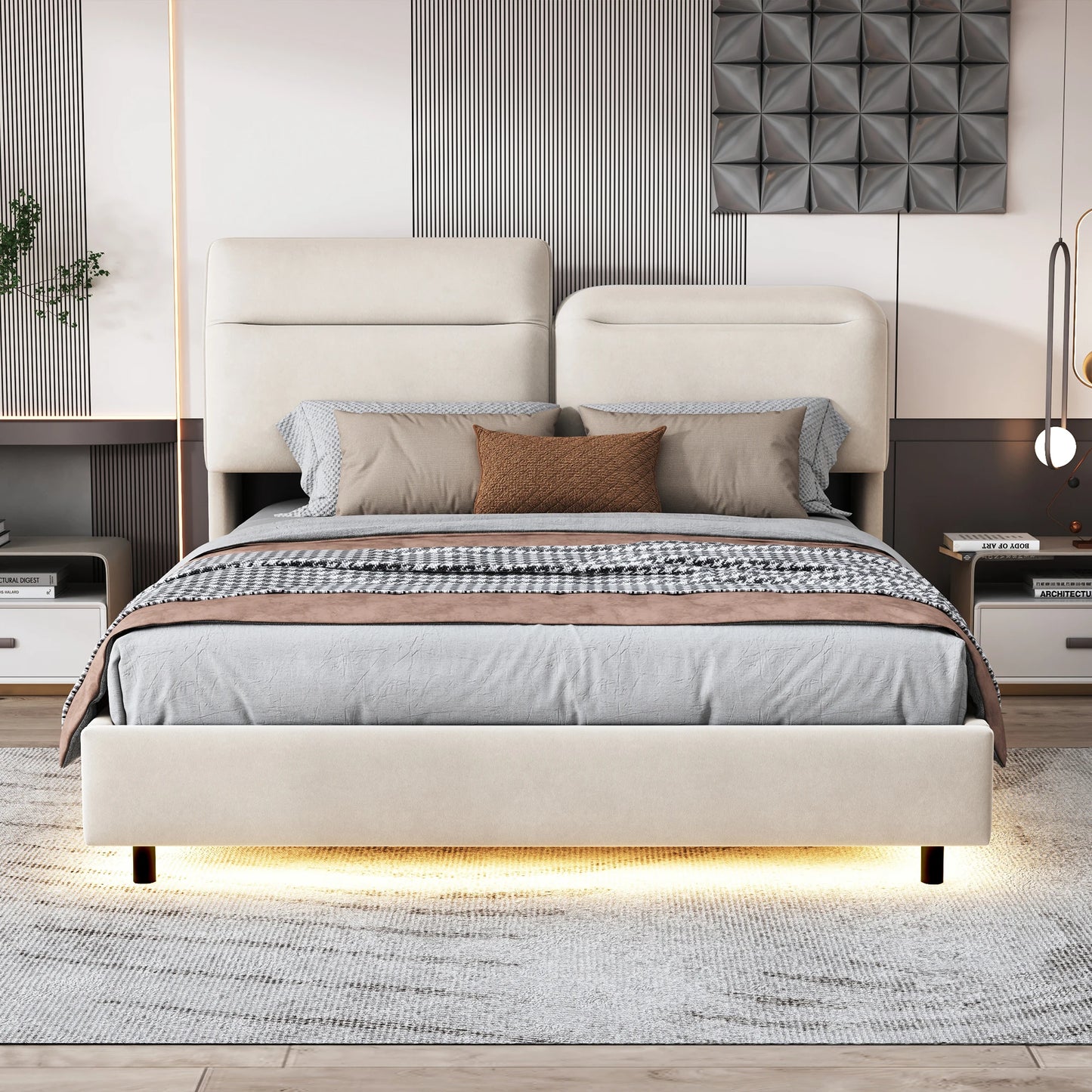 Anajqaqia 160×200 cm Hydraulic Bed, Double Upholstered Bed with Folding Bed Head and Underbed Light Strip, Velvet, Off White