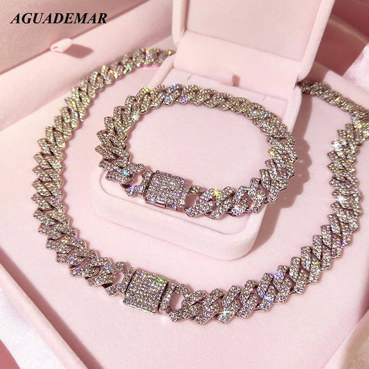 Silver Color 14mm Prong Miami Cuban Link Chain Necklace For Women Iced Out 2 Row Rhinestones Square Cuban Link Choker Jewelry