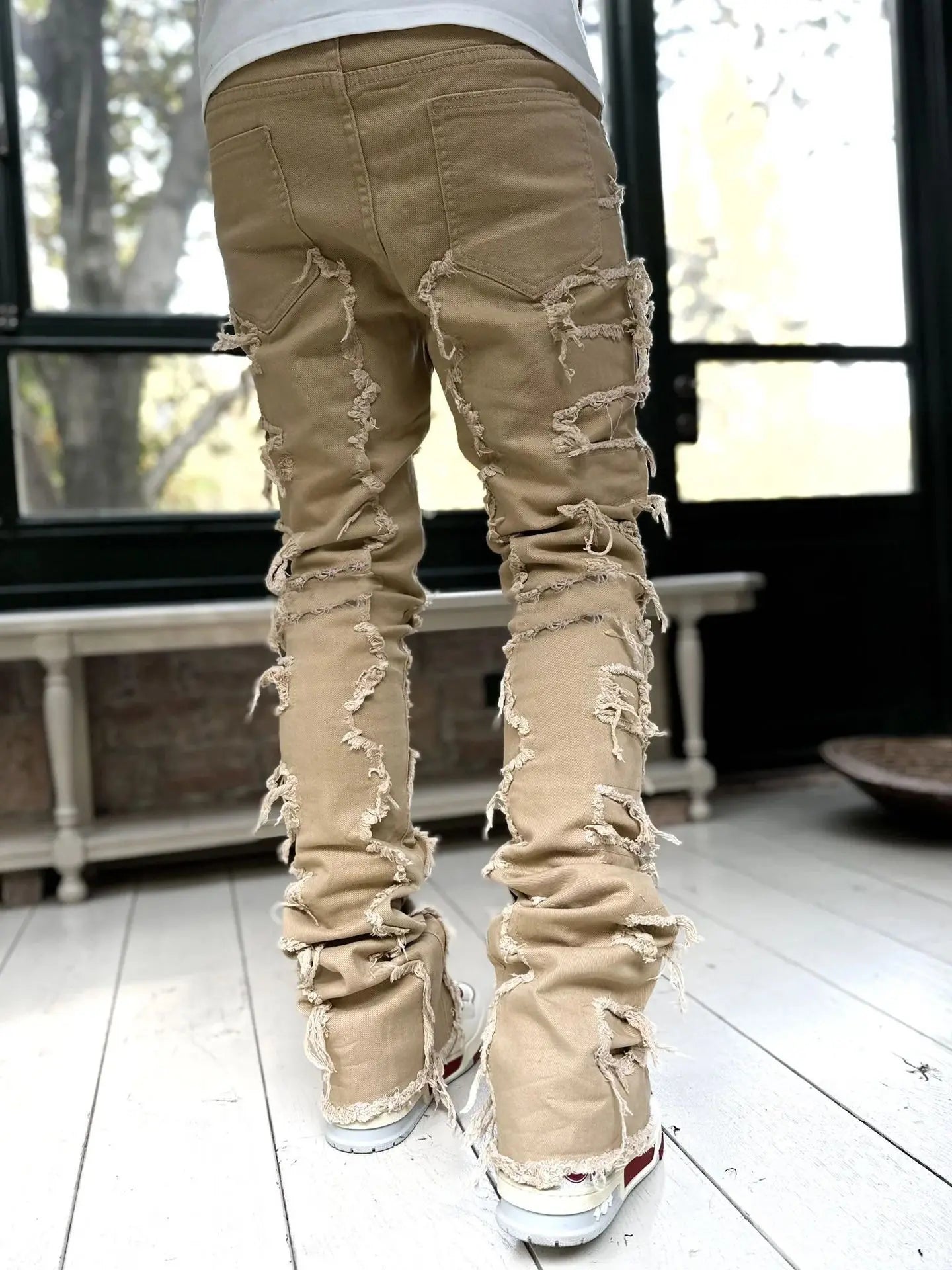 Spliced Distressed Denim Pants Men Jeans Ripped Mid Waist Pockets High Street Jean Skinny Washed Ankle Length Pencil Pants - Uknowucme