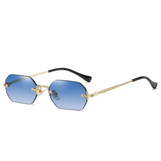 Rimless Rectangle Sunglasses Small Men Glasses Women Metal Gold Polygon Blue Shades 2024 UV400 Frameless - Uknowucme