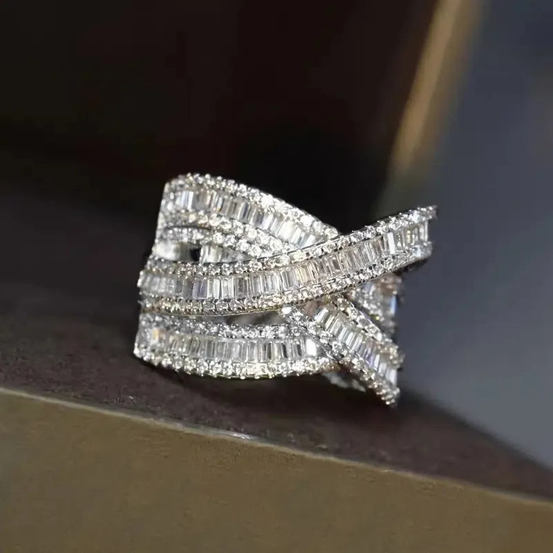 925 Sterling Silver Cross Rings Full Bling Iced Out Cubic Zirconia Gorgeous Wedding Band Accessories for Women Party Jewelry - Uknowucme