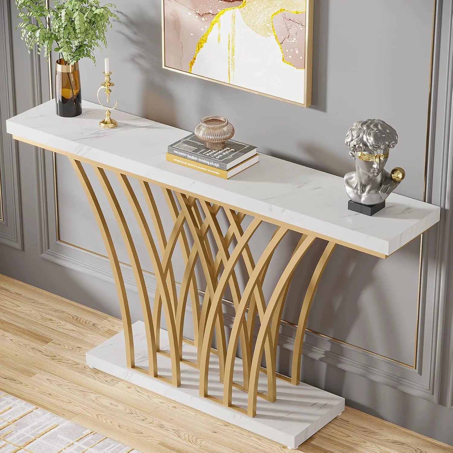 59 inch Gold Console Table, Modern Entryway Table with Grid-Shaped Metal Base for Entrance, Hallway, Entryway, Living Room - Uknowucme