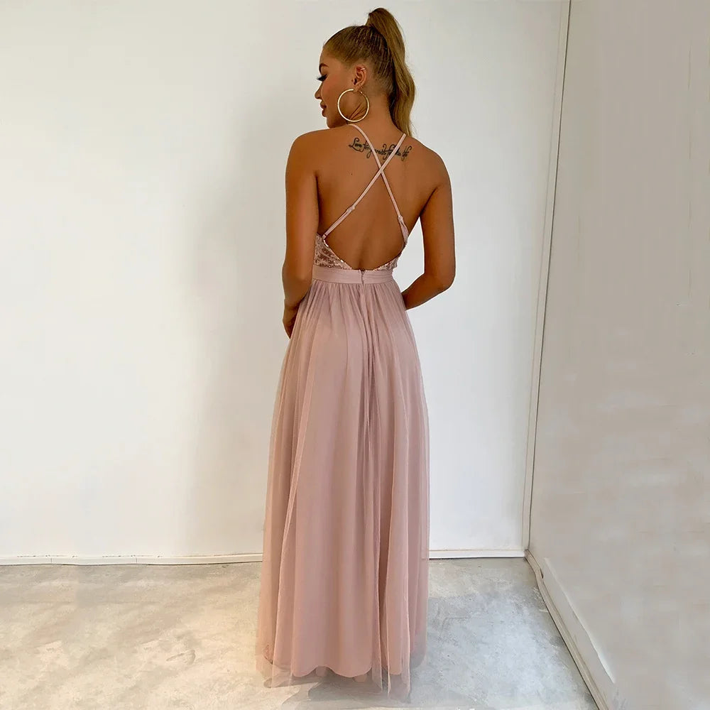 Sexy backless slip Sequin corset maxi summer dress women mesh long bodycon red Christmas party dress bridesmaid evening dresses - Uknowucme
