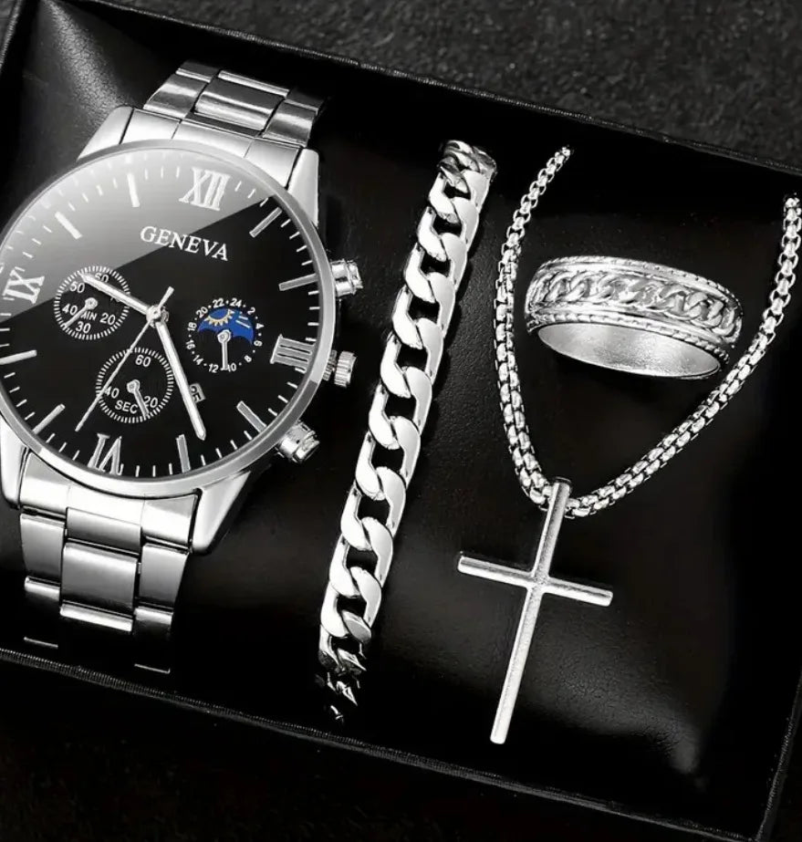 Fashion Roman Scale Quartz Wristwatch 4pcs Set Men Business Watch Fake Three Eyes Calendar Cross Necklace Bracelet Ring Set - Uknowucme