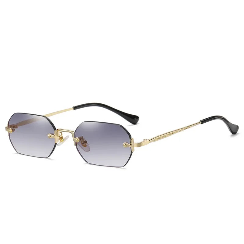 Rimless Rectangle Sunglasses Small Men Glasses Women Metal Gold Polygon Blue Shades 2024 UV400 Frameless - Uknowucme