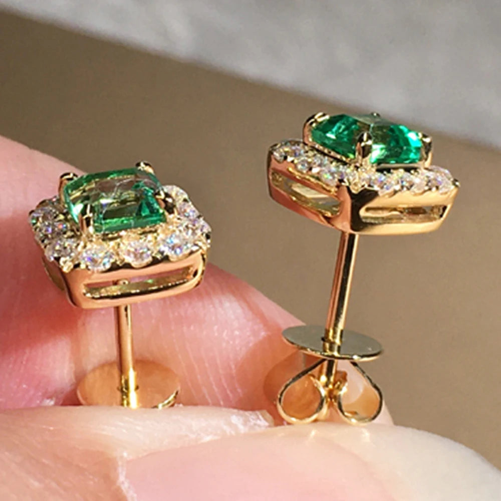 Huitan Eternity Green CZ Stud Earrings for Women Gold Color Luxury Bride Wedding Earrings Elegant Ear Accessories Party Jewelry - Uknowucme