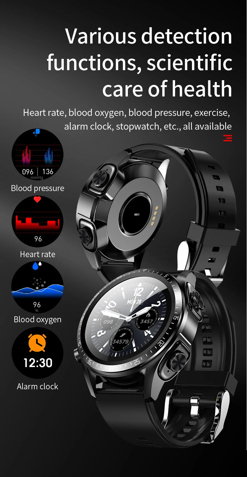 JM03 Headset Smart watch With Earbuds TWS Bluetooth Call Music Control Blood Pressure Detect Smartwatch For Men Android IOS - Uknowucme