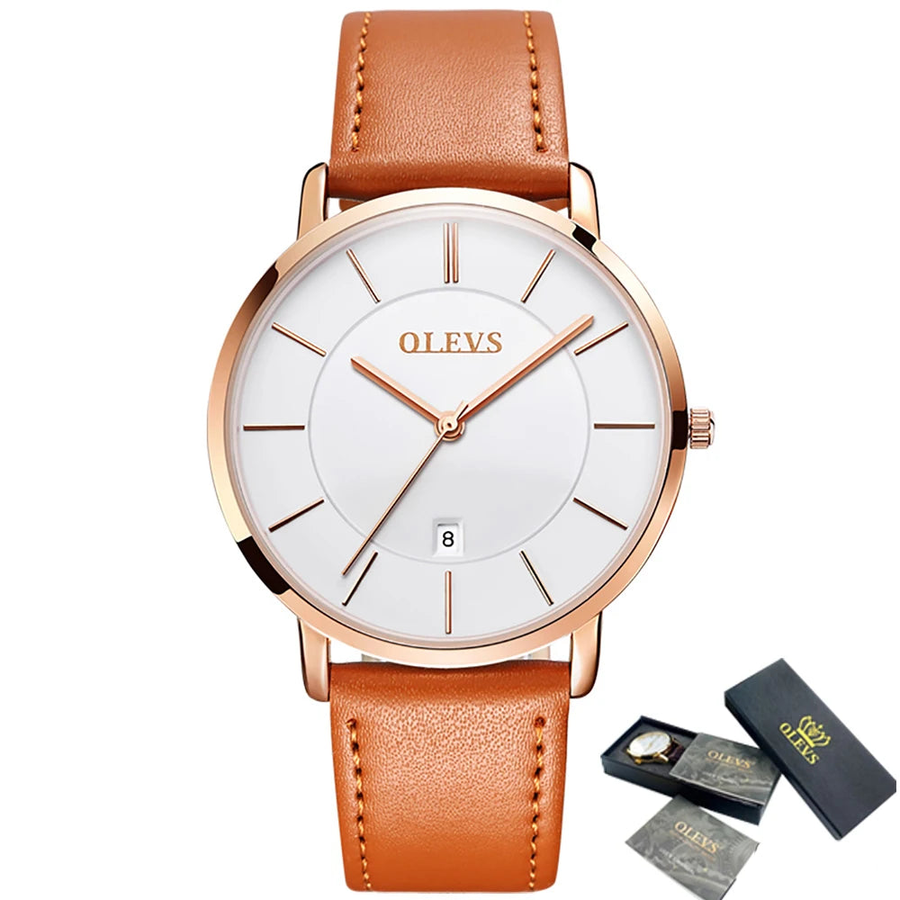 New In OLEVS Quartz Watch for Men Ultra Thin 6.5mm Minimalist Waterproof Date Bussiness Watch Fashion Leather Strap Men's Watch - Uknowucme