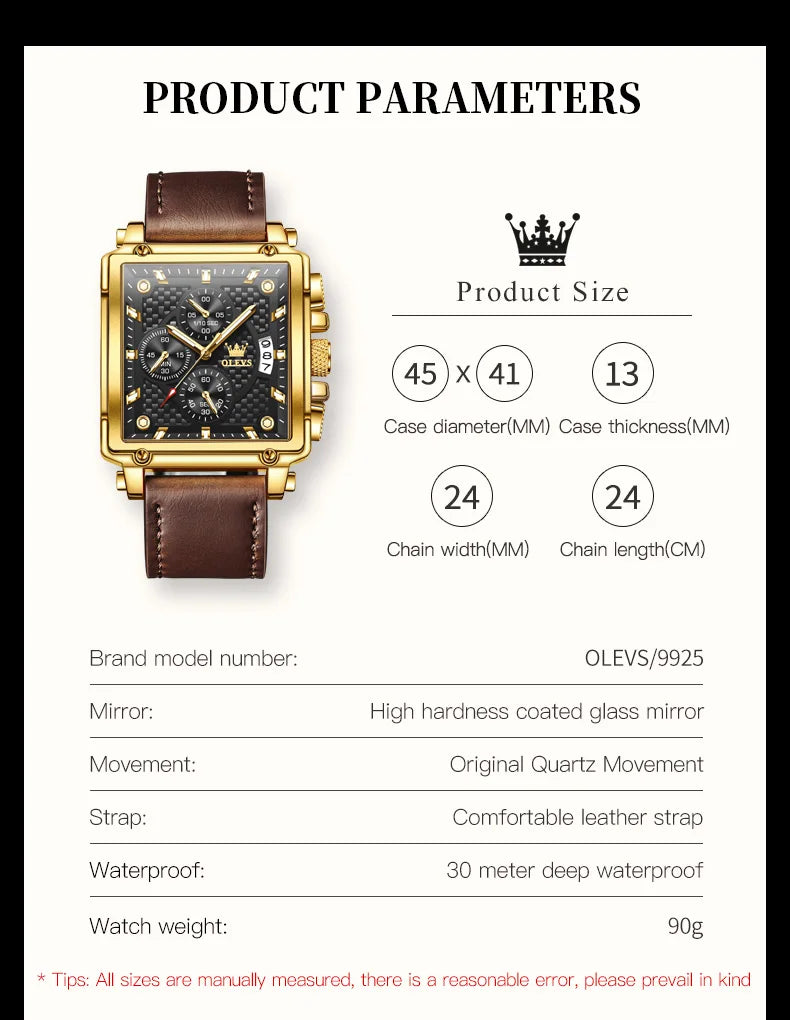 OLEVS Brand 9925 Men's Watches Gold Square Dial Quartz Male Watch Original Leather Strap Fashion Watch 30m Waterproof Top Ten - Uknowucme