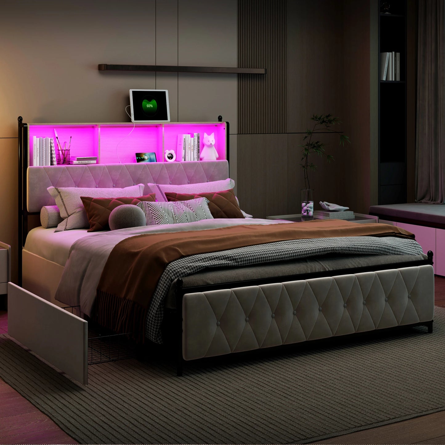 Upholstered Bed Frame with USB Charging Station and LED Lighting, Double Bed Storage Beds Functional Bed Frame with 4 Drawers