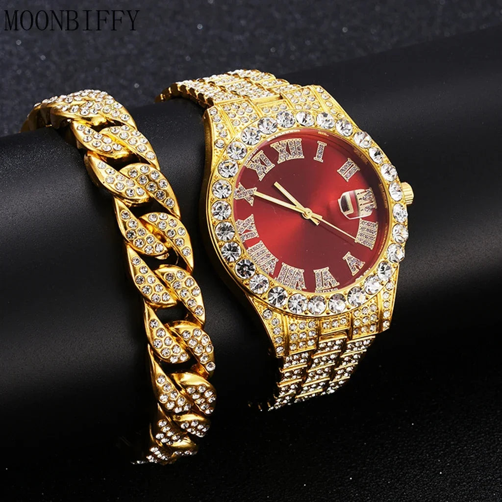 1/2 Pcs Luxury Calendar Watch for Men Iced Out Paved Rhinestones Men Watch Bracelet Stainless Steel Gold Color Reloj Hombre