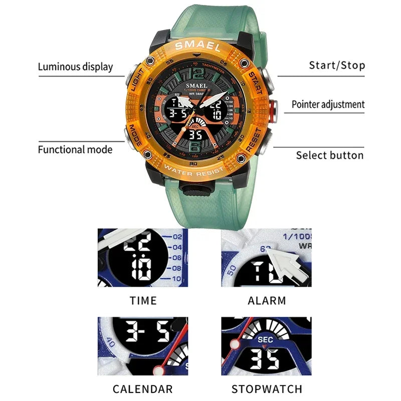 SMAEL 8058 Waterproof  Male Clock Digital LED Display Quartz Analog Stopwatch Fashion Clock  Men Watch Sport Watches - Uknowucme