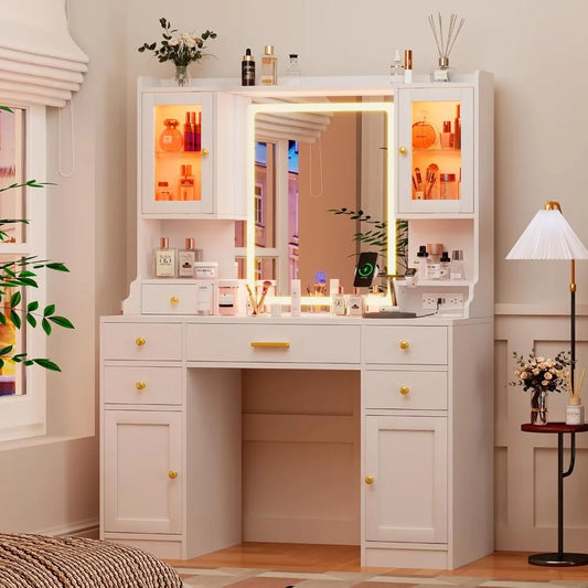 White Makeup Vanity Desk with Mirror and Lights, Large Vanity Table Set with Charging Station, Dressing Table with RGB Cabinets,