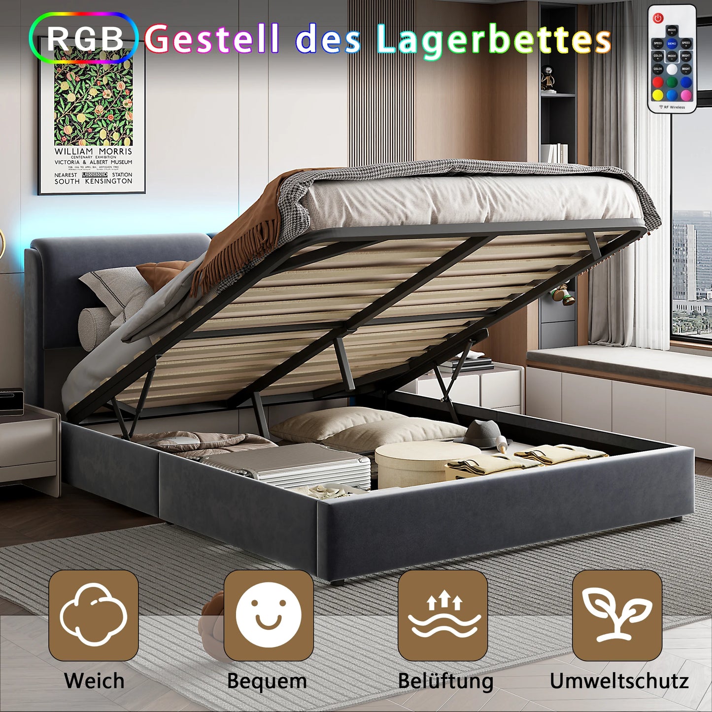 Anajqaqia 160×200 cm Upholstered Double Bed, Hydraulic Bed with LED Light and Slatted Base,Under-bed Storage Space, Velvet, Grey