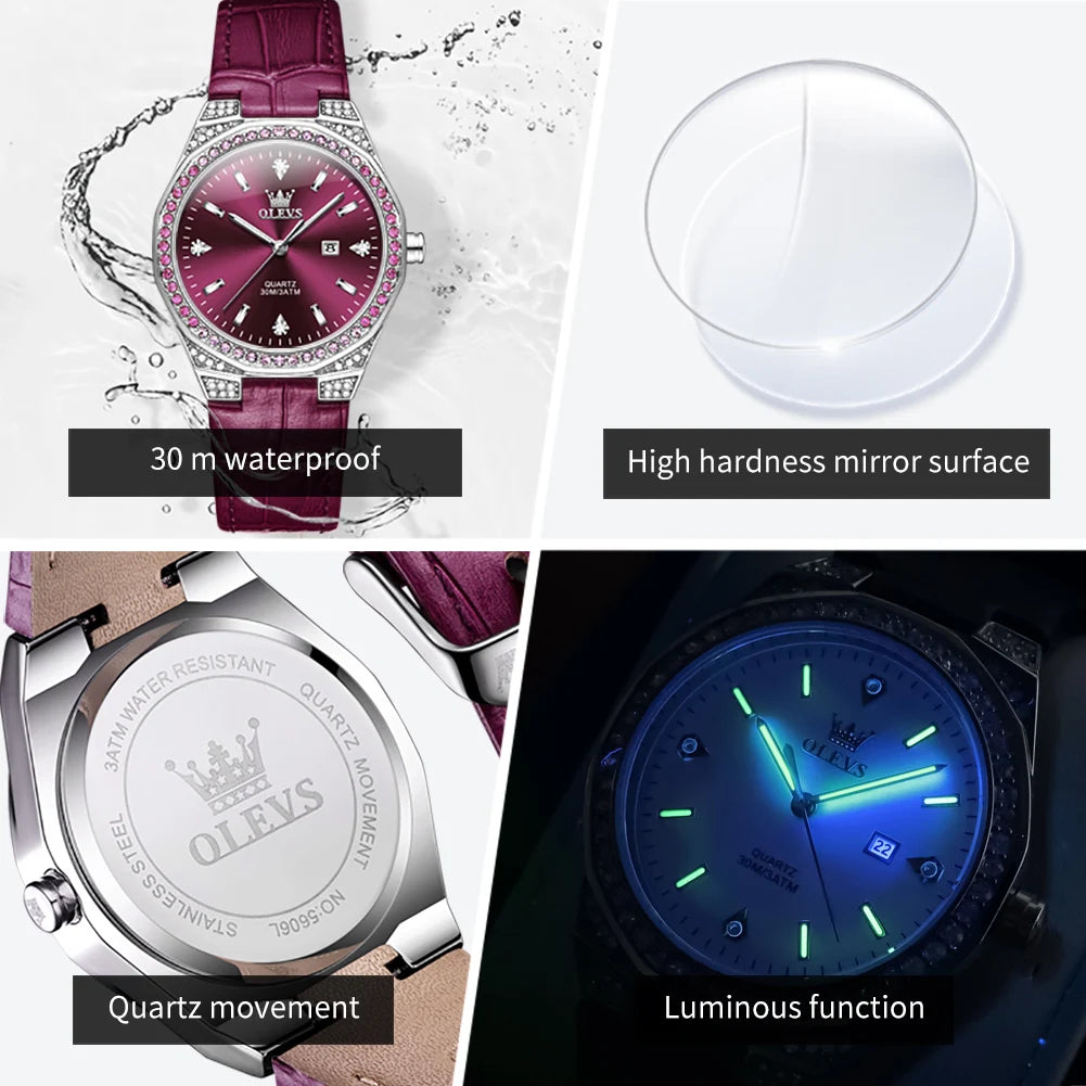 OLEVS Original Women's Watches Diamond Lap Fashion Leather Strap 3m Waterproof Luminous Ladies Wristwatch Quartz Watch for Women