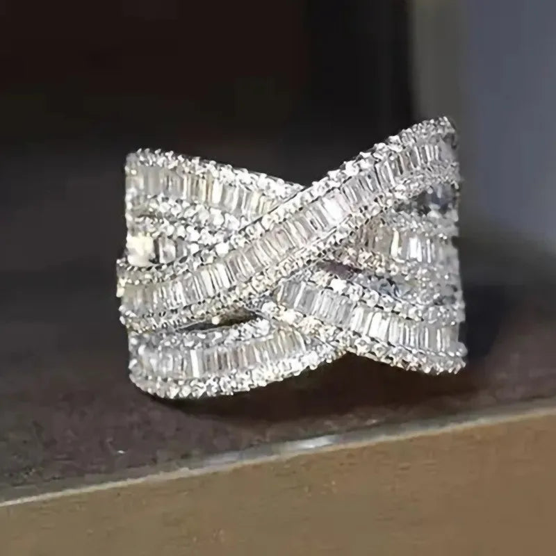 925 Sterling Silver Cross Rings Full Bling Iced Out Cubic Zirconia Gorgeous Wedding Band Accessories for Women Party Jewelry - Uknowucme