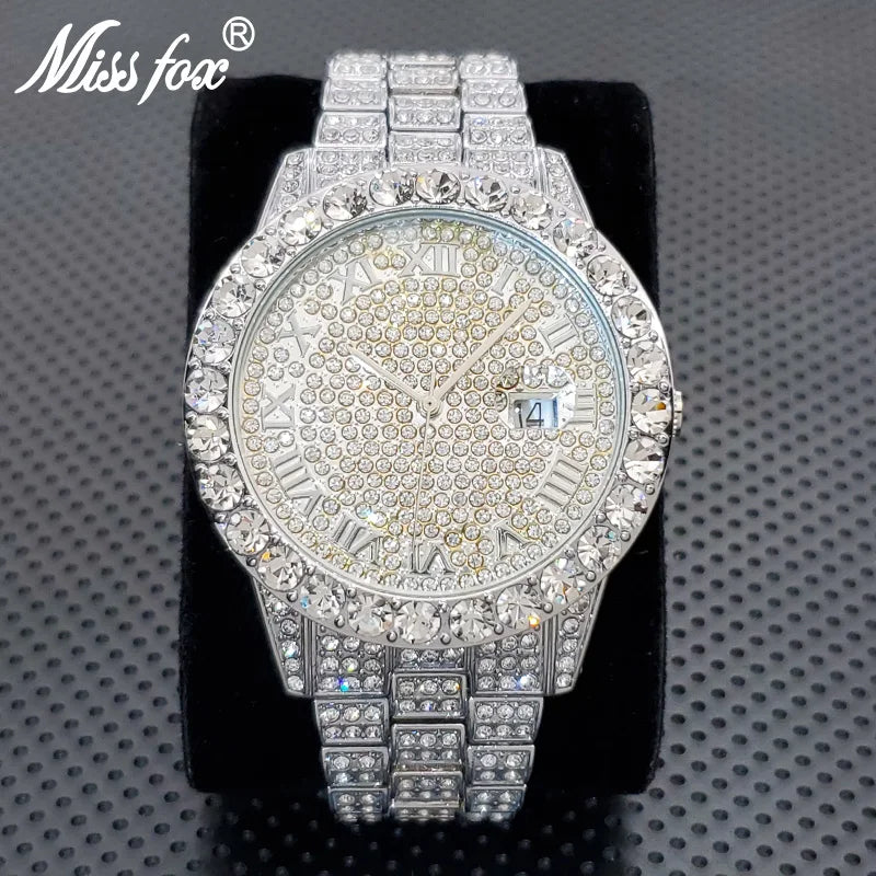 Stylish Black Crytal Watch For Men Unique Full Paved Diamond Quartz Timepiece Top Brand Fashion Bling Ice Out Male Hip Hop Clock