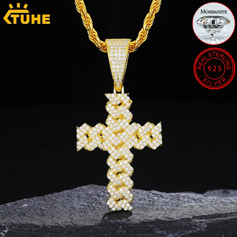 High Quality Unisex Classic Cross 14mm Cuban Link Necklace Men Mossanite Sterling Silver 925 Chains Necklaces Hip Hop Jewelry - Uknowucme