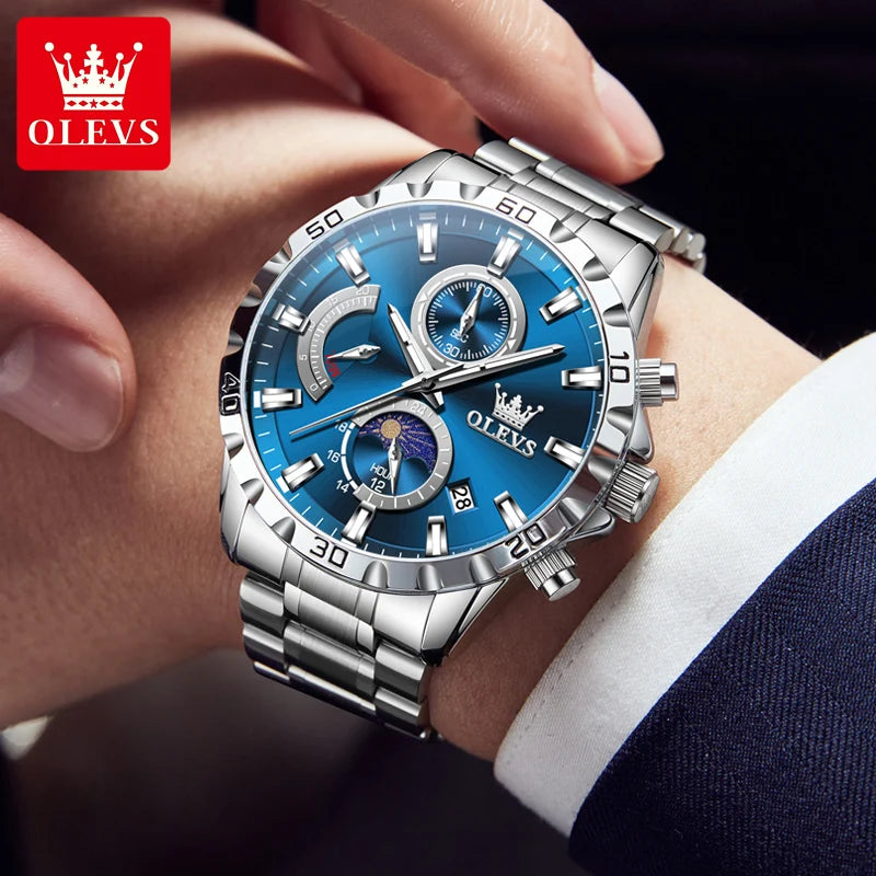 OLEVS 2953 Exclusive Design Men's Watches Full Stainless steel Moon Phase Waterproof Chronograph Quartz Watch for Men Genuine - Uknowucme