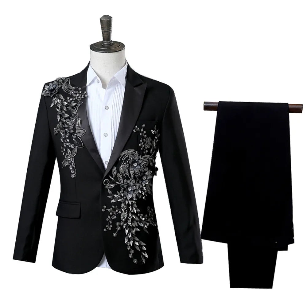 Elegant Appliqued Two-piece Men's Suit for Wedding Banquet Host Dance Prom Christmas Costume Men Blazer Chinese Style - Uknowucme