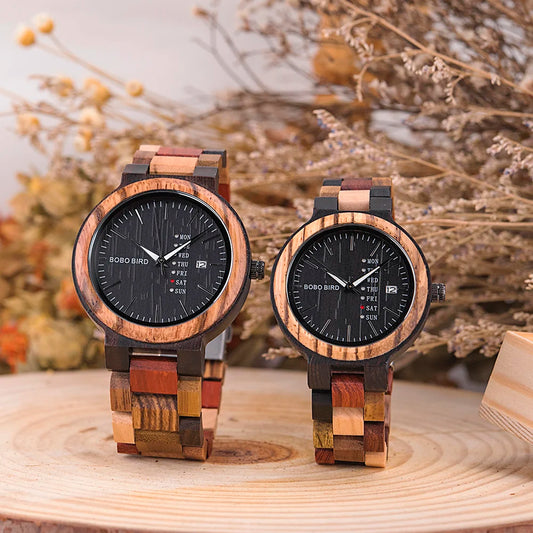 BOBO BIRD Couple Wooden Watch Luxury Brand Wood Timepieces Week Date Display Quartz Watches for Men Women Customized Family Gift - Uknowucme