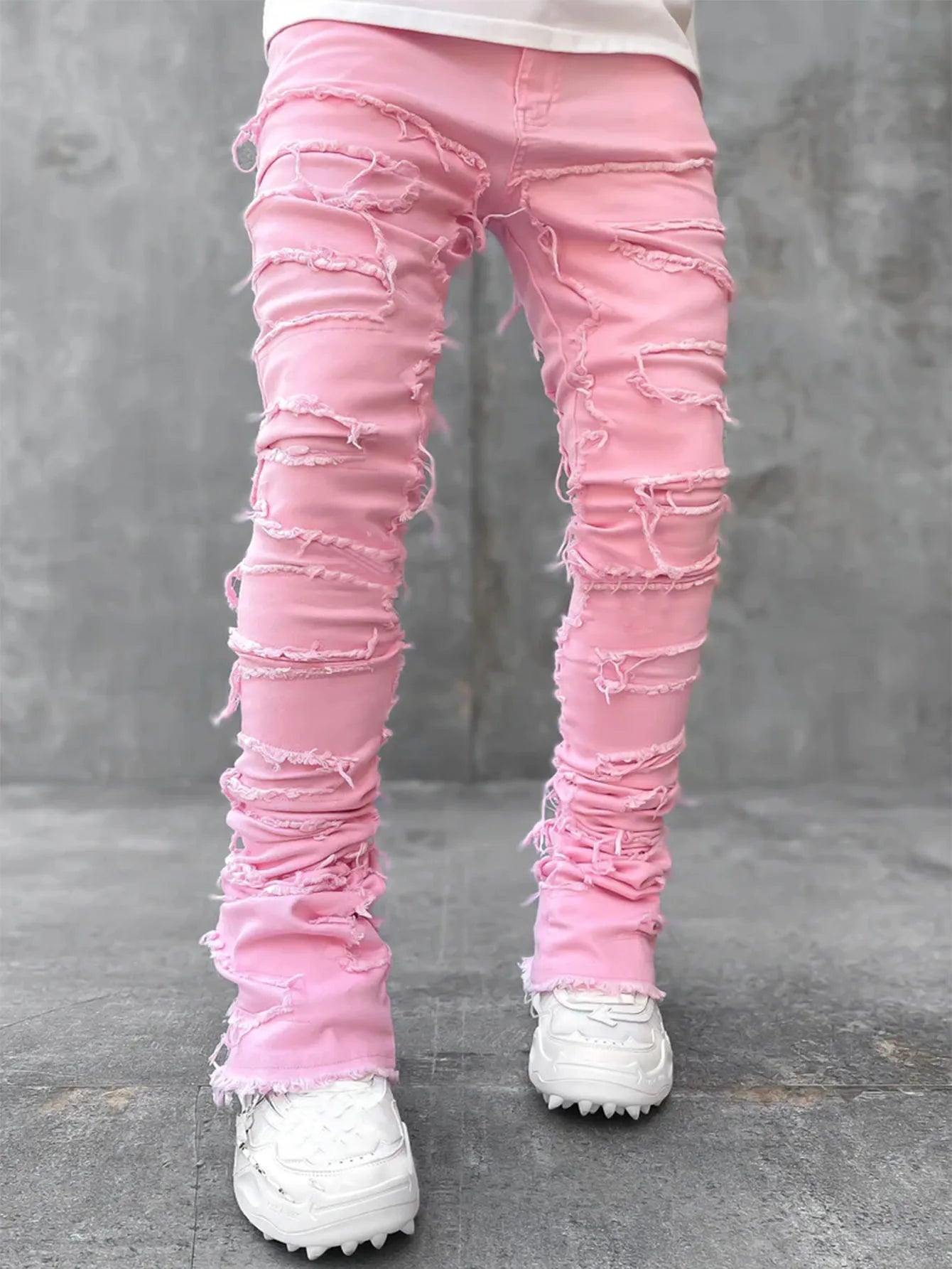 Spliced Distressed Denim Pants Men Jeans Ripped Mid Waist Pockets High Street Jean Skinny Washed Ankle Length Pencil Pants - Uknowucme