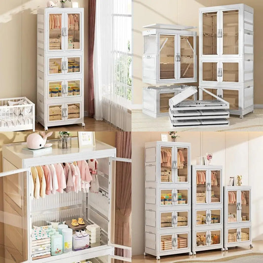 kids wardrobe closet, 4tiers portable foldable children’s clothes organizer with wheels cabinet toddler dresser storage organize