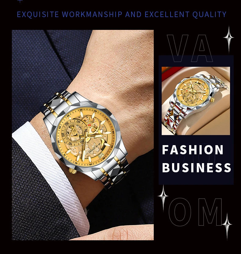 VA VA VOOM Stainless Steel Mens Quartz Watch With 41mm Hollowed Out Dial Quartz Movement Luminous Gold Luxurious Men Wristwatch - Uknowucme