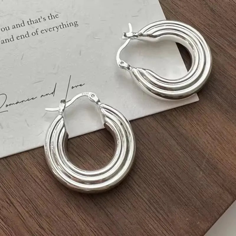 925 Sterling Silver Vintage Earrings For Women Trendy Simple Round Strip Earring Jewelry Prevent Allergy Party Accessories Gift - Uknowucme