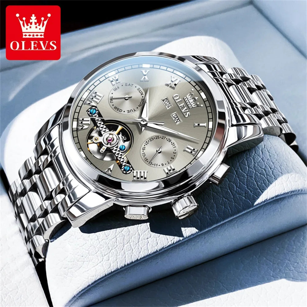 OLEVS Brand Automatic Mechanical Men Watches Waterproof Stainless Steel Strap Watch for Man Skeleton Calendar Hollow out Design - Uknowucme