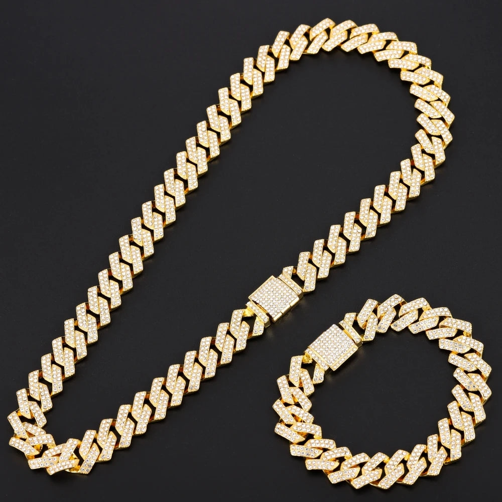 16mm Hip Hop Miami Cuban Link Chain Set Necklace +Watch+Bracelet Creative Iced Out Shiny Trendy Stylish Jewelry For Women Men - Uknowucme