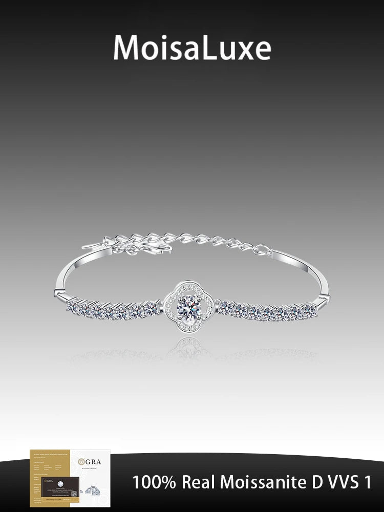 MoisaLuxe Official Store Moissanite Plata Sterling 925 Silver Hand-inlaid Moissanite Four-leaf Hollow Row Diamond Bracelets - Uknowucme