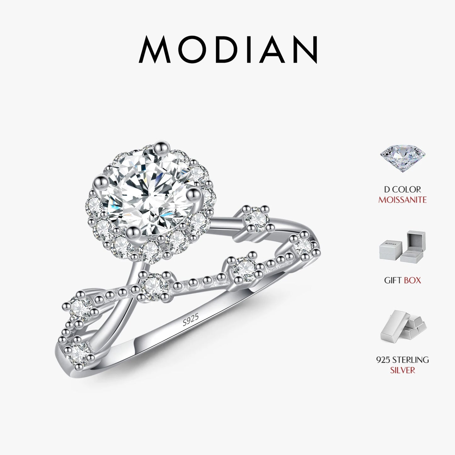 MODIAN Moissanite Ring Delicate Lab Diamond Halo Ring 925 Sterling Silver Crown Luxury Rings for Women Wedding Fine Jewelry - Uknowucme
