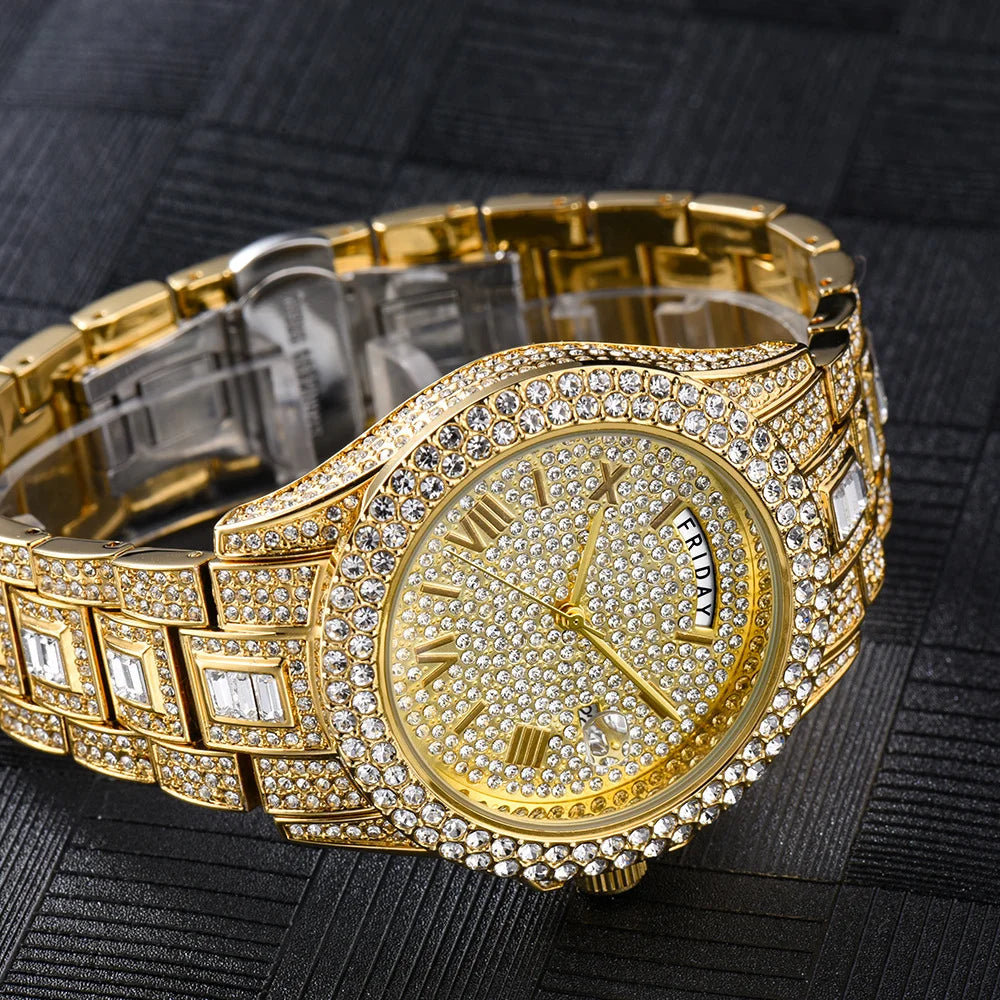 Bubble Letter DAY DATE ROMAN NUMERALS VVS Man ICED OUT WATCH Relogio Masculio - Uknowucme