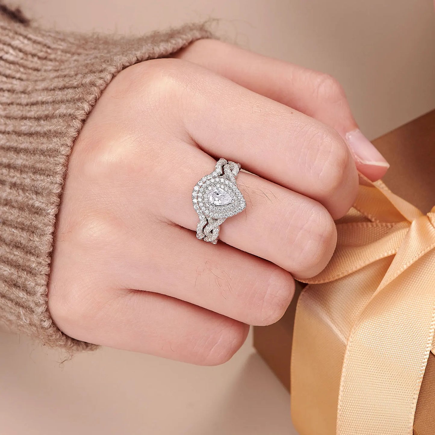 Newshe Infinity Engagement Ring Wedding Band for Women 925 Sterling Silver Bridal Rings Set Halo Pear Cut AAAAA Cubic Zircon - Uknowucme