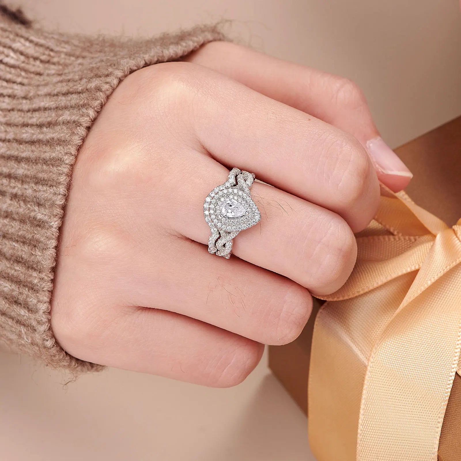 Newshe Infinity Engagement Ring Wedding Band for Women 925 Sterling Silver Bridal Rings Set Halo Pear Cut AAAAA Cubic Zircon - Uknowucme