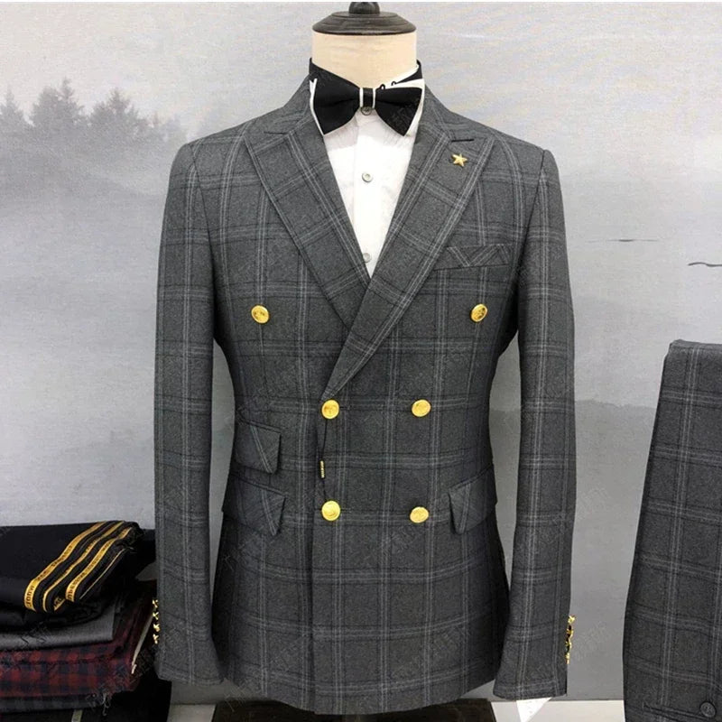 2023 Fashion New Men's Leisure Boutique Double Breasted Plaid Suit 2 Piece Set Drees Blazers Jacket Pants Trousers Two Pcs - Uknowucme