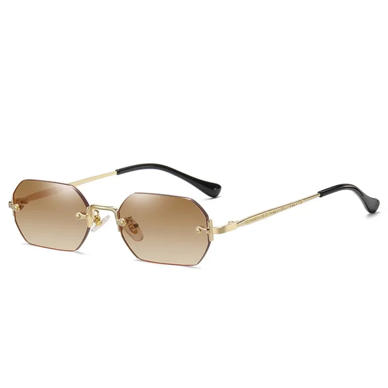 Rimless Rectangle Sunglasses Small Men Glasses Women Metal Gold Polygon Blue Shades 2024 UV400 Frameless - Uknowucme