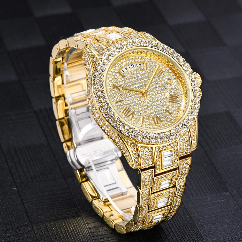 Bubble Letter DAY DATE ROMAN NUMERALS VVS Man ICED OUT WATCH Relogio Masculio - Uknowucme