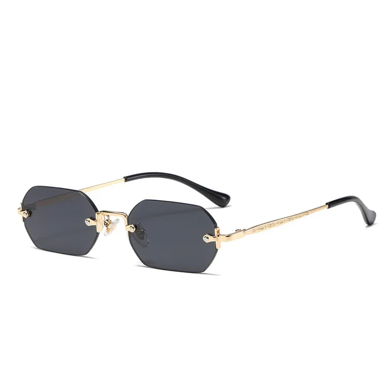 Rimless Rectangle Sunglasses Small Men Glasses Women Metal Gold Polygon Blue Shades 2024 UV400 Frameless - Uknowucme