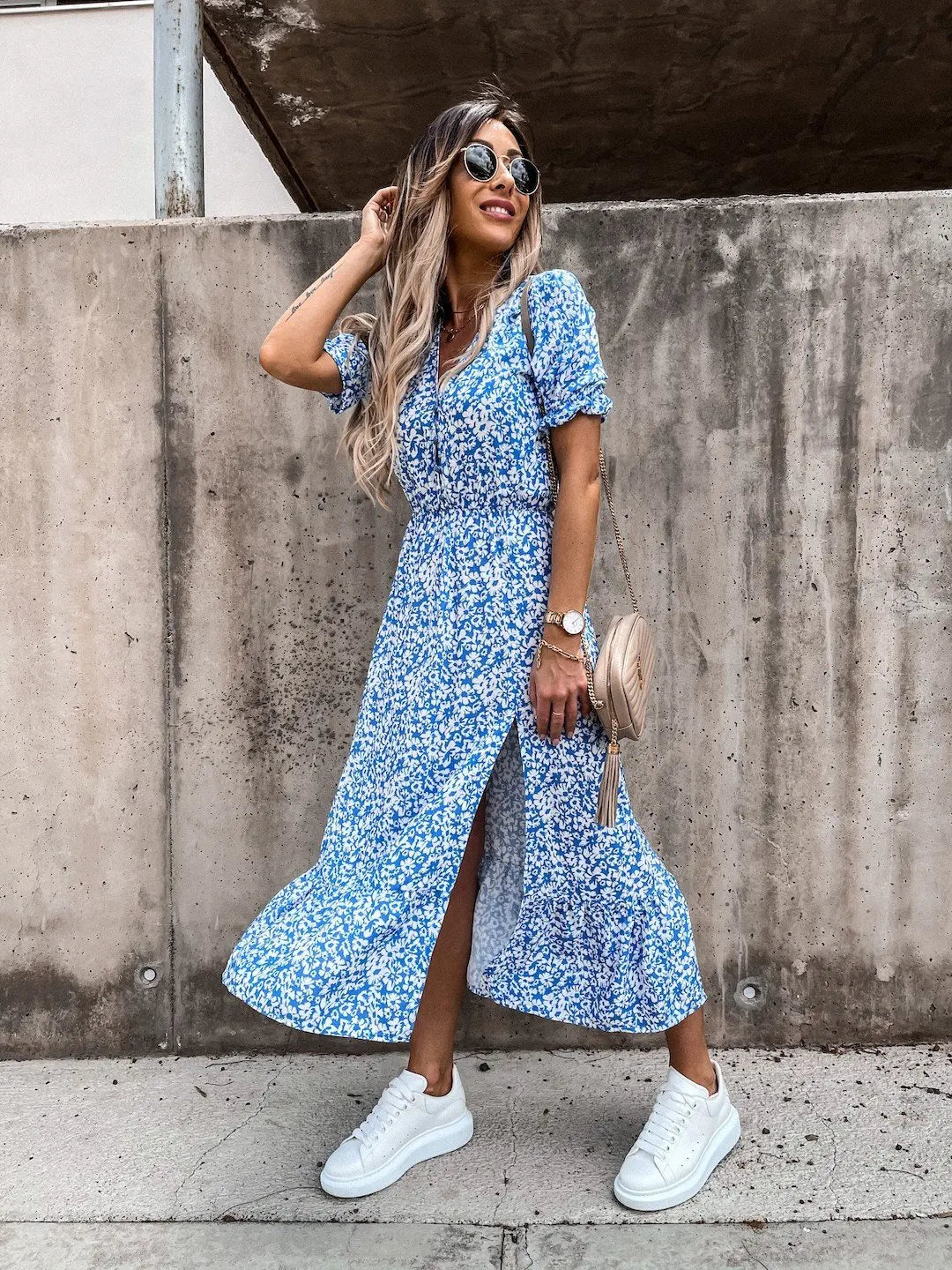 Summer Floral Print Dress Women V Neck Side Slit Long Dress Elegant Short Sleeve Button Slim Spring Female Party Dress Vestidos - Uknowucme