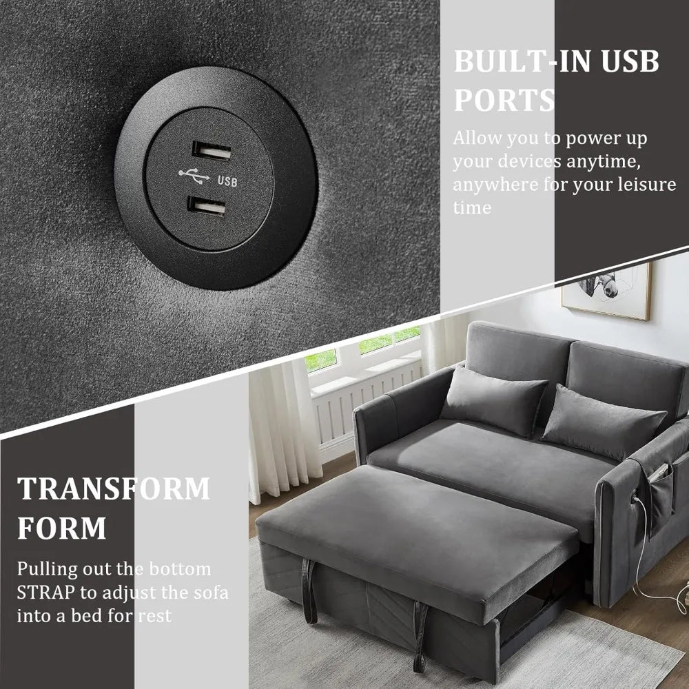 3 in 1 Pull Out Convertible Sofa Bed-Velvet Sleeper Sofa with 3Level Adjustable Backrest,Tufted Love Seat w/ 2Pockets ＆ 2Pillows - Uknowucme