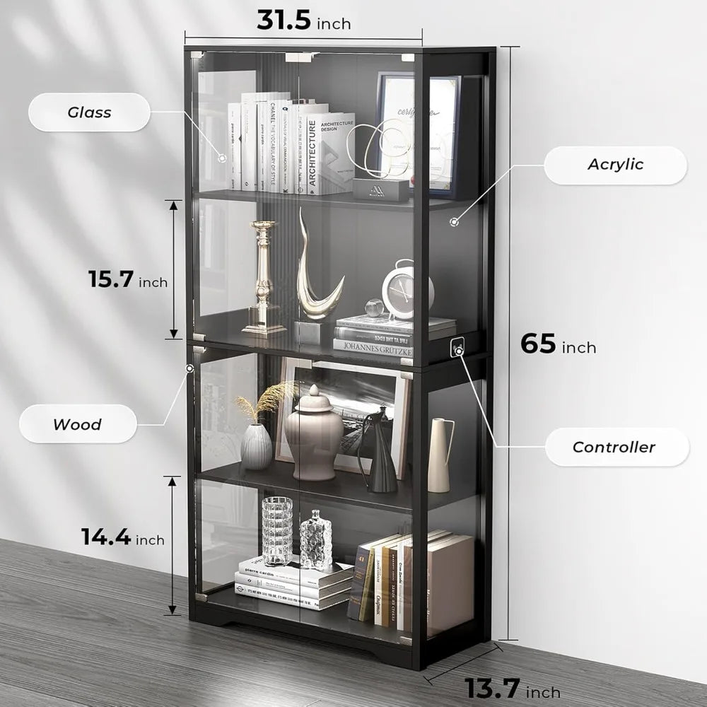 Display Cabinet with Glass Doors, 4-Tier Curio Cabinet&Bookcase with 3 Color Light for Collectibles,Toys, Books, Storage Cabinet - Uknowucme